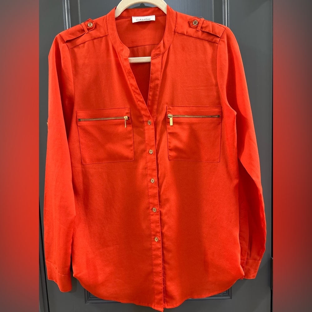 Calvin Klein Blouse Orange Long Sleeve Top Pullover Shirt Women S